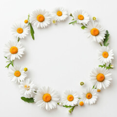 Wall Mural - beautiful circle of daisy flowers on white background, creating fresh and cheerful atmosphere. Perfect for spring themes and floral designs