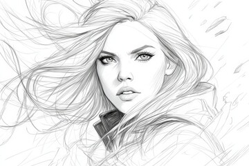 Aufkleber - Portrait of a woman with flowing hair in a sketched style against a dynamic background