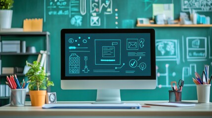 Poster - a modern workspace featuring a computer screen displaying tech graphics, surrounded by stationery an