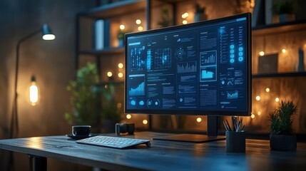 Poster - a modern workspace featuring a sleek computer monitor displaying data analytics, with ambient lighti