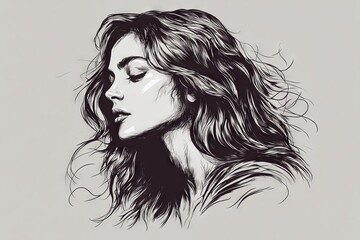 Poster - Artistic sketch of a woman with long, flowing hair expressing calmness and serenity in a simple, elegant design
