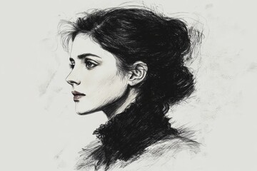 Aufkleber - Elegant profile sketch of a woman with intricate hairstyle showcasing artistic talent and emotional expression
