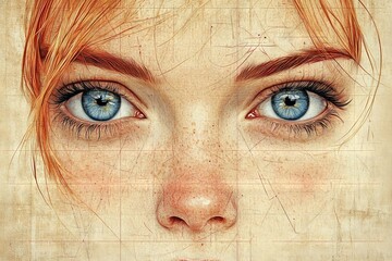 Leinwandbilder - Detailed portrait of a young woman with striking blue eyes and freckles against a textured background