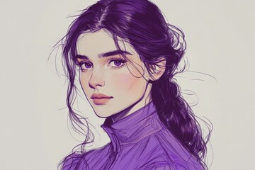 Poster - Portrait of a young woman with flowing hair wearing a purple top, showcasing a serene expression and artistic sketch style