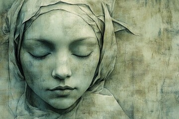 Poster - Emotional portrait of a serene figure with closed eyes and a textured background in cool tones