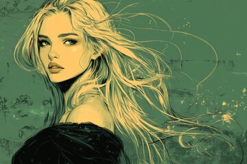 Poster - Captivating portrait of a woman with flowing hair against a textured green background