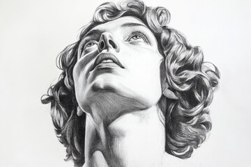Aufkleber - Detailed pencil drawing of a woman looking up with curly hair located in a minimalist artistic setting
