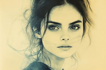 Poster - Young woman with captivating eyes and tousled hair gazes thoughtfully in soft light