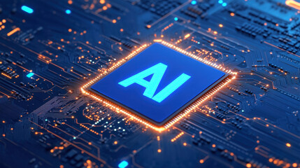 Wall Mural - glowing blue AI logo on circuit board, symbolizing technology and innovation. intricate design showcases modern electronics and digital advancement