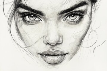 Poster - Captivating pencil sketch of a woman's face highlighting intense gaze and intricate details