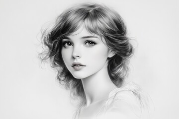 Aufkleber - Young woman with wavy hair gazes softly forward, capturing delicate emotions in monochrome art