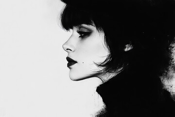 Aufkleber - Intricate black and white profile artwork showcasing a stylish woman with a modern haircut and striking features