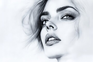 Poster - Portrait of a woman with captivating eyes and soft hair showcasing detailed pencil drawing technique