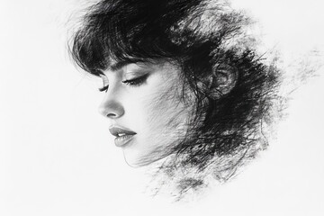 Poster - Woman in profile with artistic sketch blending into her hair showing emotions and creativity at dawn