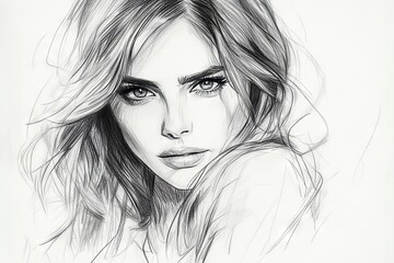 Aufkleber - Beautiful pencil sketch of a woman with captivating eyes and flowing hair in a minimalist style