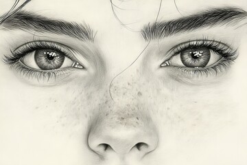 Poster - Realistic portrait of a young person highlighting expressive eyes and freckles captured through detailed pencil drawing