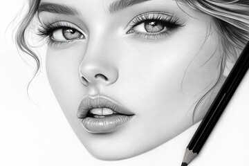 Poster - Detailed pencil drawing of a young woman with captivating eyes and flowing hair showcasing artistic talent and realism