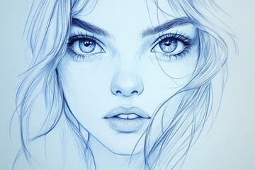 Poster - Intricate blue ink portrait of a young woman with expressive eyes and flowing hair