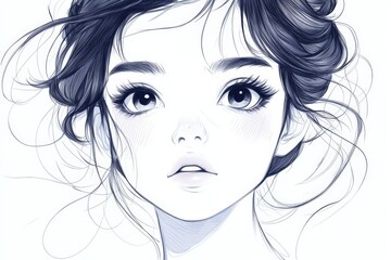 Poster - Portrait of a young girl with expressive eyes and tousled hair captured in a light sketch style