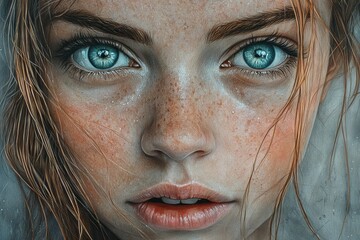 Poster - Stunning close-up of a girl with mesmerizing blue eyes and freckles, showcasing natural beauty and emotion