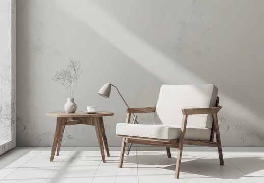 A white armchair with wooden legs and a white cushion sits next to a round wooden coffee table in a minimalist living room