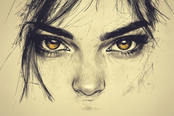 Aufkleber - Artistic portrait of a young woman with striking yellow eyes showcasing intricate details of emotion and depth