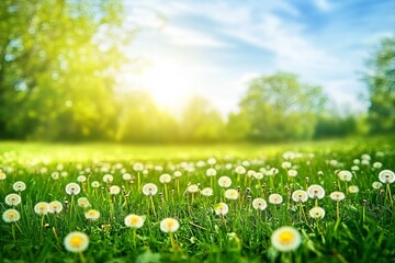 Canvas Print - Beautiful bright natural image of fresh grass spring meadow with dandelions with blurred background and blue sky with clouds.