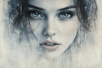 Poster - Captivating portrait of a young woman with striking blue eyes and soft features against a textured background