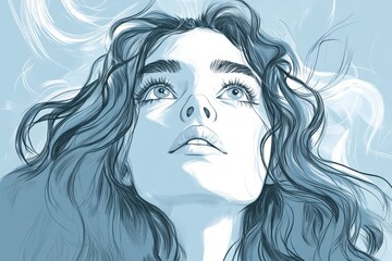 Poster - Woman gazing upwards with flowing hair against a serene blue background, capturing a moment of contemplation and beauty
