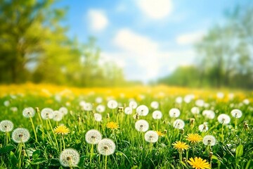 Canvas Print - Beautiful bright natural image of fresh grass spring meadow with dandelions with blurred background and blue sky with clouds.