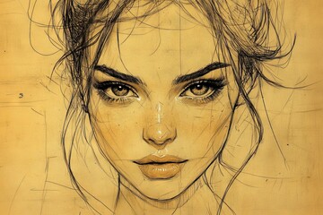 Artistic portrait sketch of a young woman with expressive eyes and subtle features on tan paper background