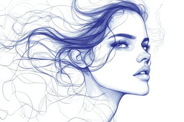 Poster - Artistic line drawing of a woman with flowing hair against a minimalist background