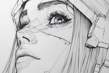 Poster - Detailed line art depicting a futuristic character with striking features and a helmet in a sci-fi setting