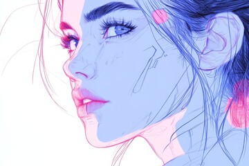 Poster - Portrait of a futuristic woman with striking blue and pink tones, showcasing a blend of beauty and technology