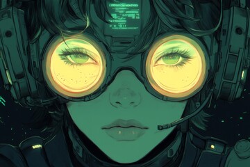 Poster - Futuristic character with glowing goggles engaged in a digital environment at night in a cyberpunk setting