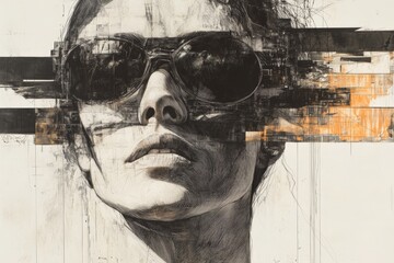 Leinwandbilder - Artistic portrait of a woman wearing sunglasses with a modern abstract design featuring bold lines and textures