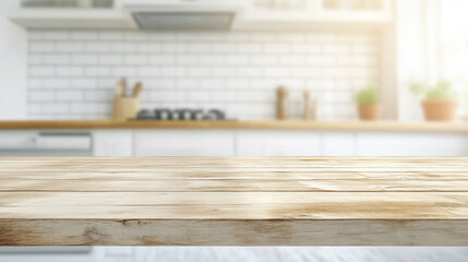 Poster - bright, empty wooden table in modern kitchen setting, showcasing clean and inviting atmosphere. soft light enhances natural wood texture and warmth