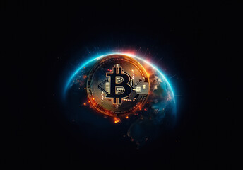 Aufkleber - Bitcoin symbol glowing over planet earth in dark space, suggesting global digital currency and technology influence. Blue and orange light effects around the globe.
