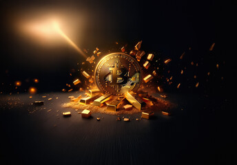 Aufkleber - Golden bitcoin coin and gold bars are breaking apart with a bright light shining from the background, creating a dynamic and powerful scene.