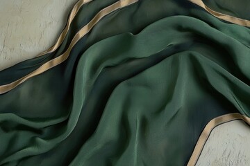 Wall Mural - elegant green fabric with golden trim draped on a textured surface