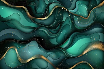 Wall Mural - abstract fluid art with teal green waves and golden accents