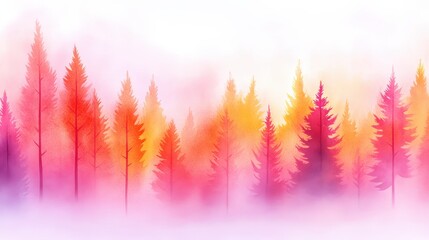 Wall Mural - a vibrant watercolor depiction of a misty forest, showcasing trees in shades of pink, orange, and pu