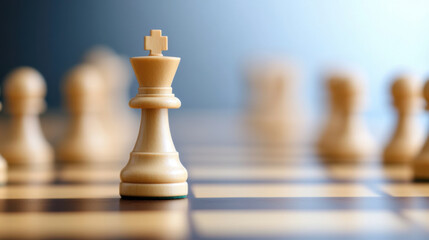 Wall Mural - image features close up of wooden chess king piece on chessboard, surrounded by other chess pieces, creating strategic and contemplative atmosphere