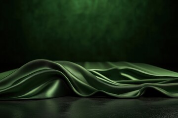 Poster - Elegant Green Fabric Drapery with Soft Waves and Textures