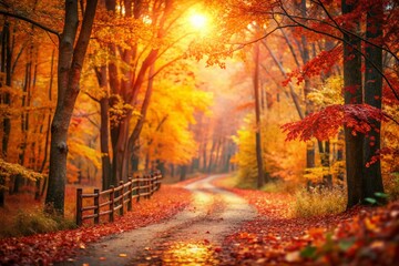  Autumnal Pathway: Golden Leaves and Soft Bokeh, Peaceful Fall Scenery