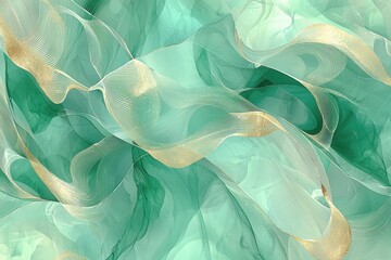 Wall Mural - soft flowing fabric in shades of green with gold accents