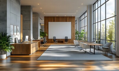 Wall Mural - Modern office interior with desks and chairs in an open space setting, featuring a blank white wall on the right for copy space. 3D Rendering,

