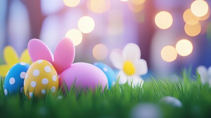  Colorful Easter eggs, including pink and polka-dotted ones, nestled in green grass with a soft bokeh background, evoking a festive spring atmosphere.