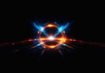 Poster - Abstract luminous sphere. Radiant orange and blue energy beams burst outward on stark black. Visual light spectacle.