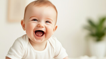 Wall Mural - Happy baby laughing with bright eyes, showcasing pure joy and innocence. This adorable moment captures essence of childhood delight and warmth